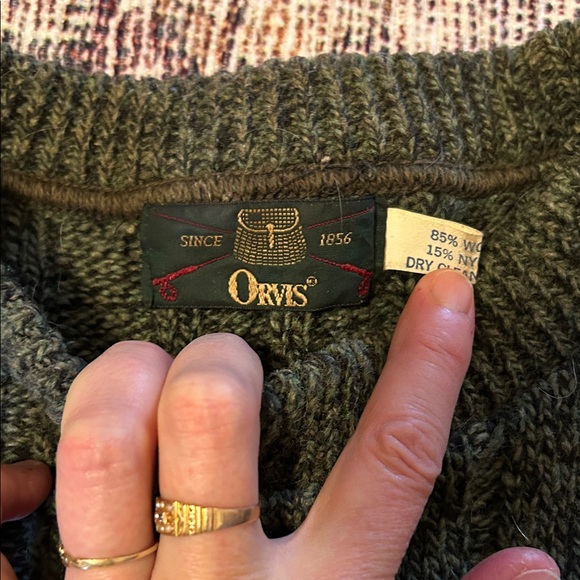 Orvis Men's Dark Green Sweater with Black Suede Patches - Picture 2 of 7